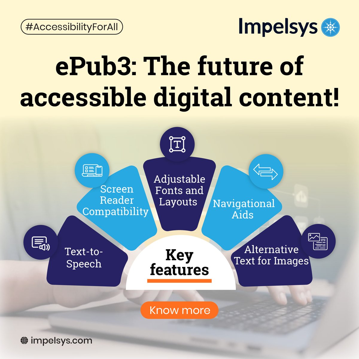 Impelsys's tweet image. #ePub3 is setting new standards for #accessibledigital content. From screen reader compatibility to adjustable fonts and alternative text for images, explore its key features in our blog! Read here: impelsys.com/blog/making-ep…

#Impelsys #Accessibility #AccessibilityForAll