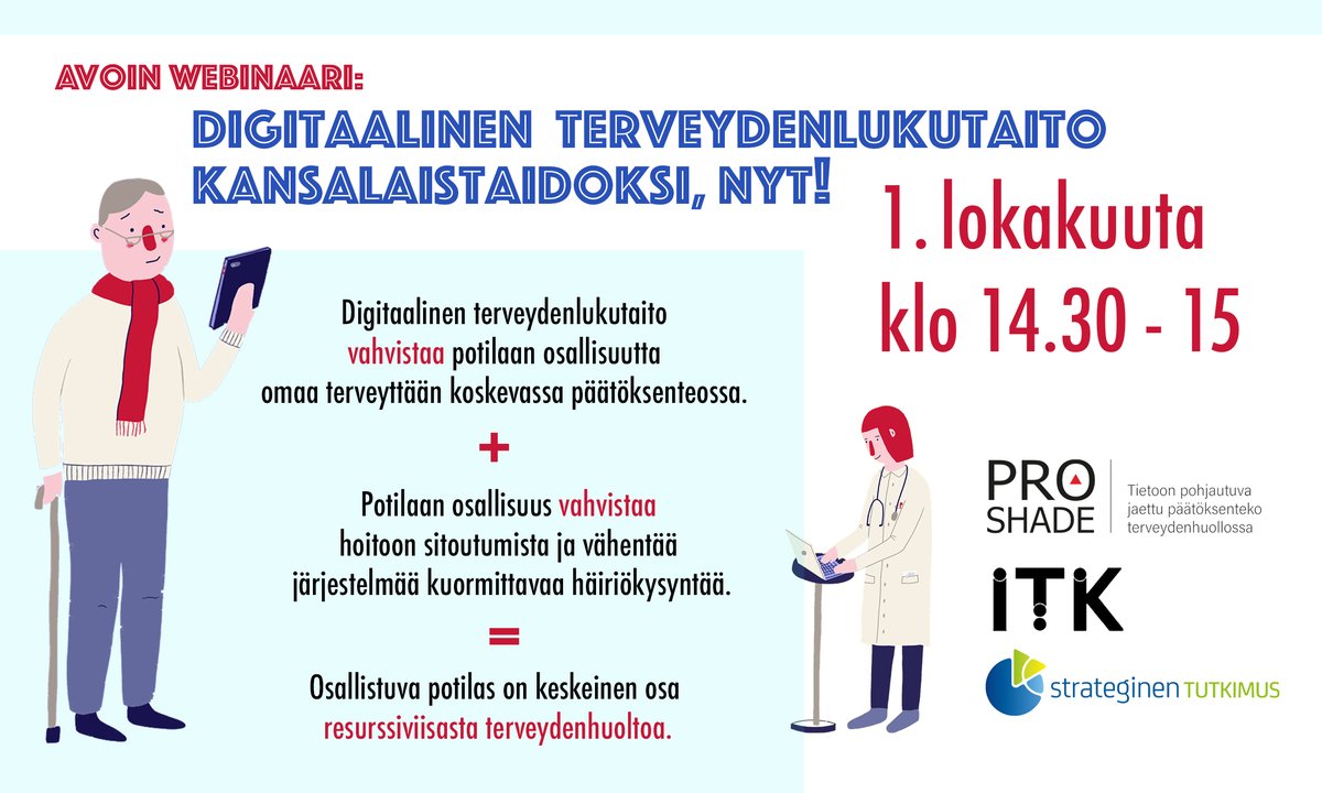 PROSHADE (@proshadestn) on Twitter photo 💡 Nykyisin terveydenhuollossa potilaalla on rooli mm. tiedon tuottajana ja ymmärtäjänä.
🇫🇮 Mutta onko terveydenlukutaitomme ajan tasalla?
🔍 Webinaarissa tutkijamme avaavat aiheeseen liittyvää tutkimusta.
🌐 bit.ly/47ebib6
🌐itk-konferenssi.fi/webinaarit
<a href="/Akatemia_STN/">Strateginen tutkimus</a> 💡 Nykyisin terveydenhuollossa potilaalla on rooli mm. tiedon tuottajana ja ymmärtäjänä.
🇫🇮 Mutta onko terveydenlukutaitomme ajan tasalla?
🔍 Webinaarissa tutkijamme avaavat aiheeseen liittyvää tutkimusta.
🌐 bit.ly/47ebib6
🌐itk-konferenssi.fi/webinaarit
<a href="/Akatemia_STN/">Strateginen tutkimus</a>