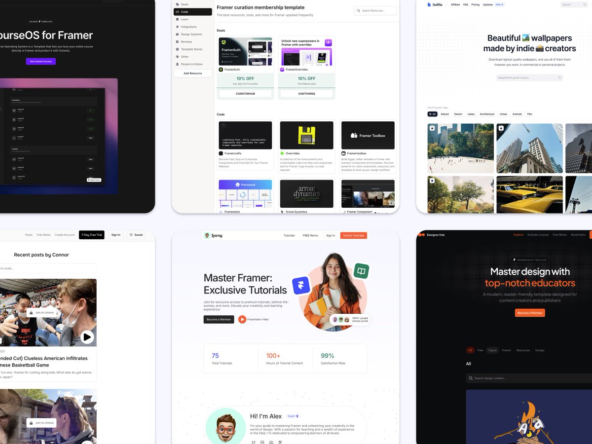 Another day, another compilation. Today its the best membership site templates for <a href="/framer/">Framer</a> 

CourseOS by <a href="/cedric_design/">Cédric</a> 
Curator Hub by <a href="/Dannysapio/">Danny Sapio</a> 
Sellfile by <a href="/gadzinski_/">Filip Gadziński</a> 
Patteron by <a href="/Dannysapio/">Danny Sapio</a>
Learny by <a href="/CristianMielu/">Cristian Mielu</a> 
Designer Hub by <a href="/Dannysapio/">Danny Sapio</a>
Browse by <a href="/cedric_design/">Cédric</a>
