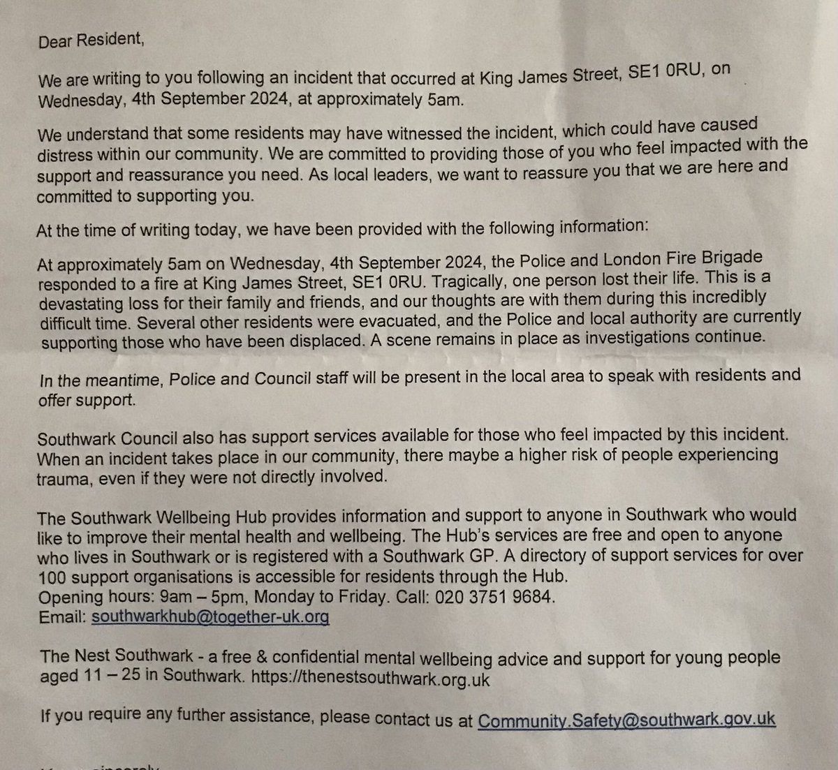 Letter to local residents following yesterday’s tragic fire in St James’s St. @SE1