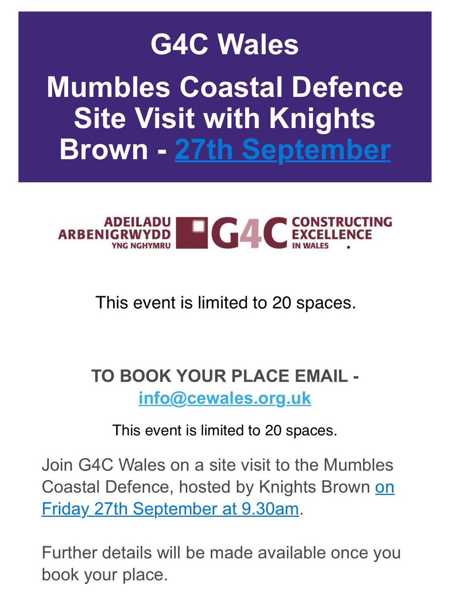 G4CWales (@g4cwales) on Twitter photo ✨Event Announcement✨
Join us on Friday 27th September for a site visit with Knights Brown at its Mumbles Coastal Defence site 🌊
Please note that this event is limited to 20 spaces so secure your place ASAP by emailing info@cewales.org.uk.
As always, this is a free event. ✨Event Announcement✨
Join us on Friday 27th September for a site visit with Knights Brown at its Mumbles Coastal Defence site 🌊
Please note that this event is limited to 20 spaces so secure your place ASAP by emailing info@cewales.org.uk.
As always, this is a free event.
