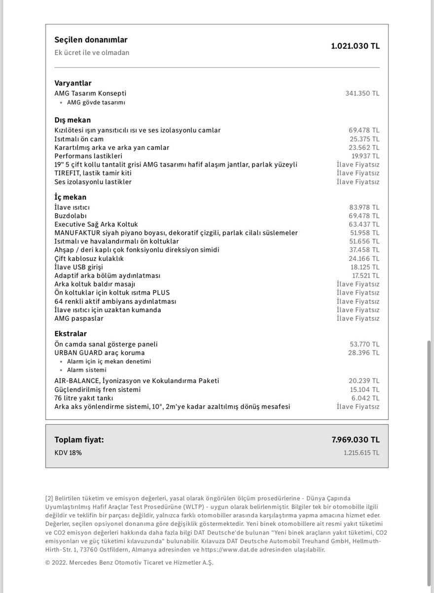 Yeni S-class long 2022 tarihli fiyat listesi.