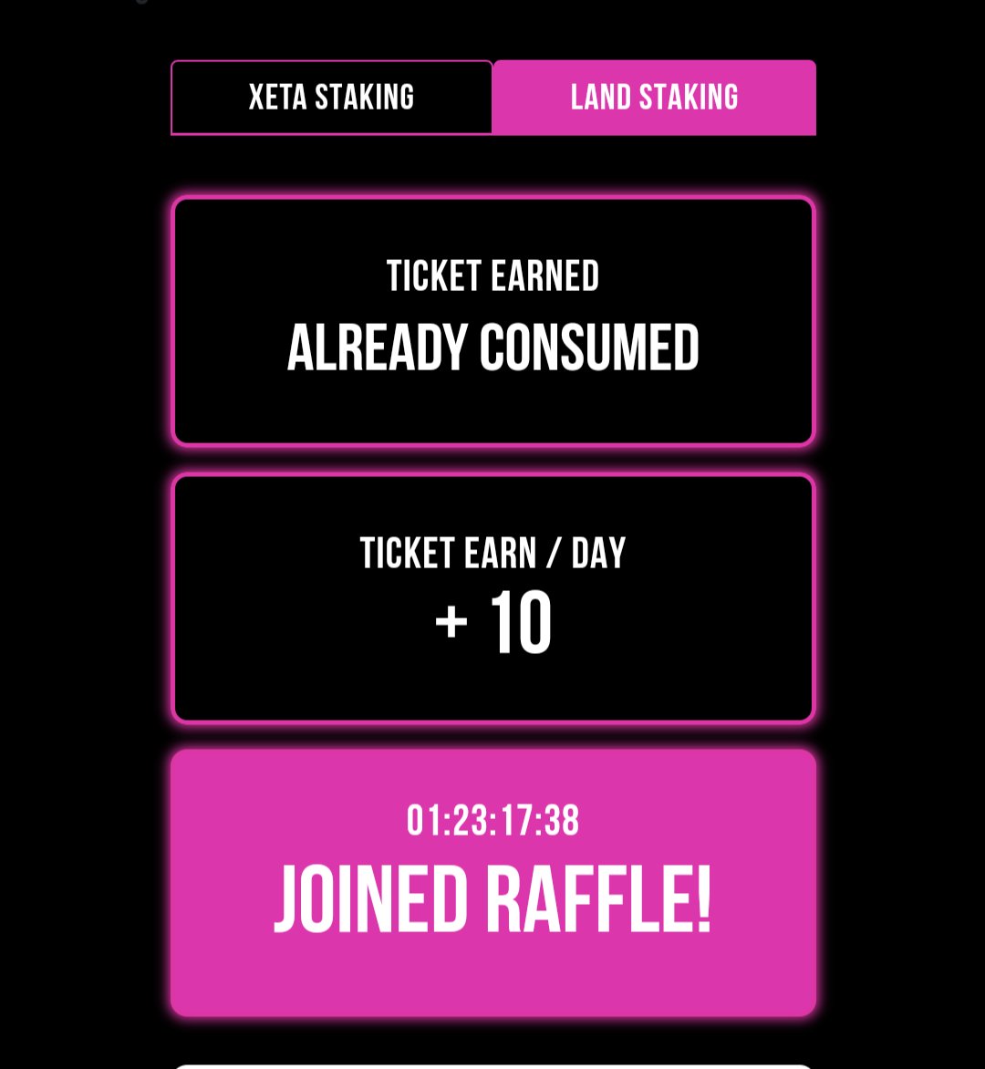 🚨 $XETA＆LANDステーキング
【サイクル46】JOIN RAFFLE
忘れないうちにポチッと参加しましょ🐥✨

XETA側が手続き後もALREADY表示にならないね🤔
／
ジョインラッフル期間
9/5 21:00 ~ 9/7 21:00
＼
サイクル45のTAX POOLは０ということでした。『CLAIMTAX』はお休みです😗
#XANA #メタバース