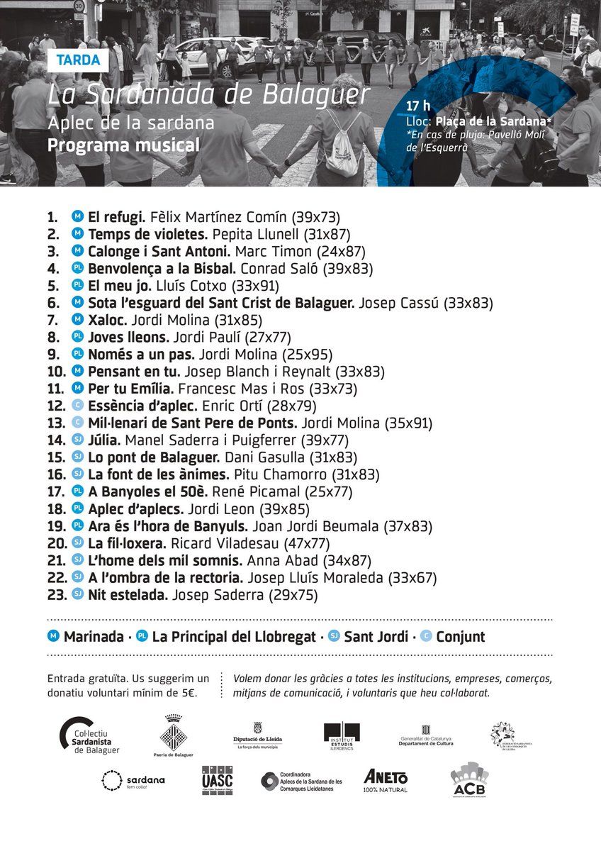 El dissabte 21 de setembre arriba la Sardanada de #Balaguer, amb 2 parts molt diferenciades:

Al matí: formació per tothom qui estigueu en juntes d'entitats sardanistes.

A la tarda aplec #sardana amb 3 de les millors cobles del país.

Guardeu-vos la data!
sardabalaguer.cat/2024/09/arriba…