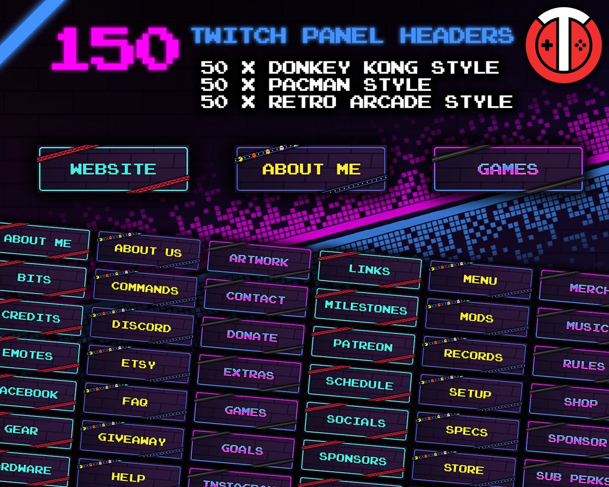 A customer asked if I'd do some Twitch Panel Headers to go with my Retro Arcade pack - I was happy to oblige!

Looking to power up your stream presentation game? Check 'em out here:

etsy.com/uk/listing/178…

#streaming #twitch #retrogames #streamer #arcade