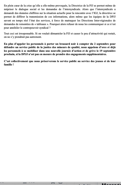 [Communiqué intersyndical]
PLAN SOCIAL A LA PJJ, POUR UN SERVICE PUBLIC DE QUALITE !
Après le 29 août, on continue le combat ! Grève et mobilisation le 19 septembre 2024 !
⬇️
