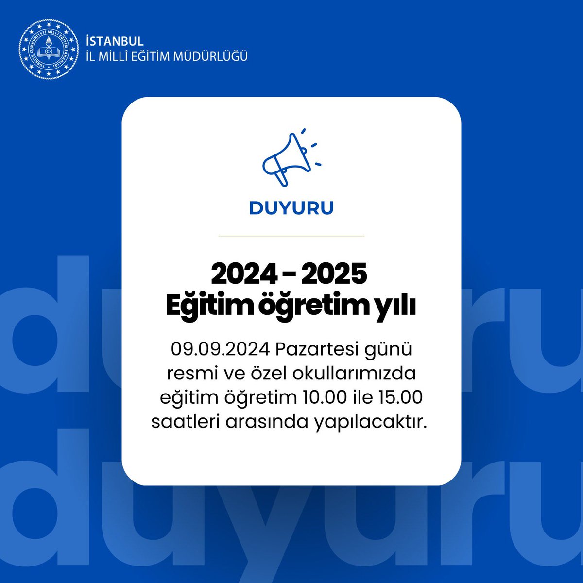 Sevgili Öğrencilerimiz, 
Değerli Velilerimiz, 

İstanbul’daki tüm okullarımız için 09.09.2024 Pazartesi günü için eğitim-öğretim saatlerimiz 10.00 ile 15.00 arasında olacak şekilde düzenlenmiştir.

Tüm öğrenci ve öğretmenlerimize verimli bir eğitim yılı dilerim.