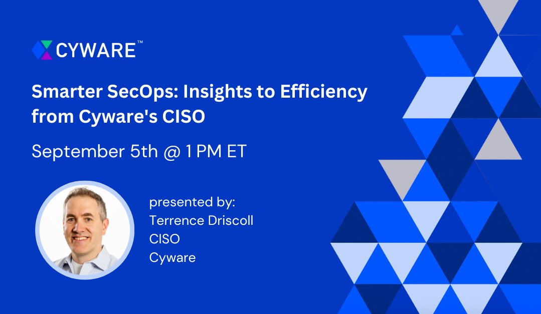 CywareCo's tweet image. Join today&apos;s webinar and as Cyware CISO Terrence Driscoll discusses the journey from SOC to Cyber Fusion and what it means for #cybersecurity resilience. 
Register here: bit.ly/3AoELmt

#CyberFusion #SecurityOps #SecOps #SOC