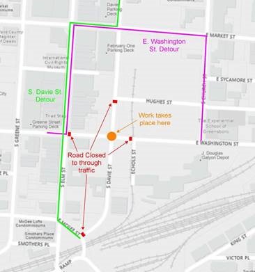 Beginning 9 am Monday, September 9, the intersection of Washington Street and S. Davie Street will be closed due to roadway construction.

The intersection, which will be closed 24/7, will reopen by Friday, November 8.