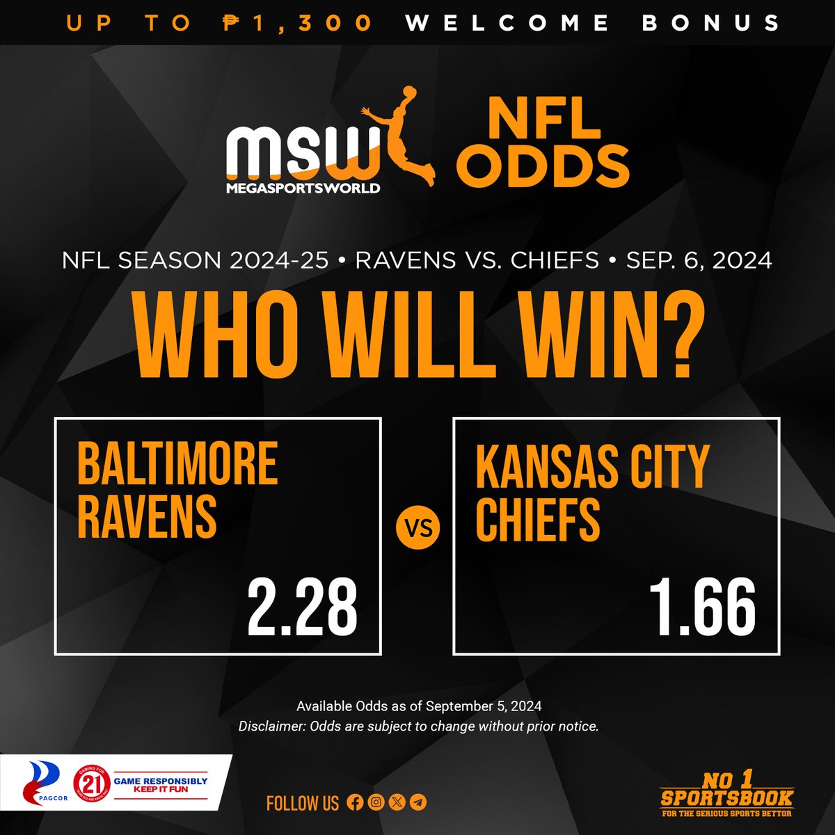 megasportsworld's tweet image. Tomorrow, we can officially say that #NFL IS BACK!! 🏈🏈🏈

We'll be having a head-to-head match between the Baltimore Ravens and Kansas City Chiefs for the opening day! 

Who ya got? 👀

Odds are now available at ➡ msw.ph

#MSWPH | #NFLOdds #AmericanFootball
