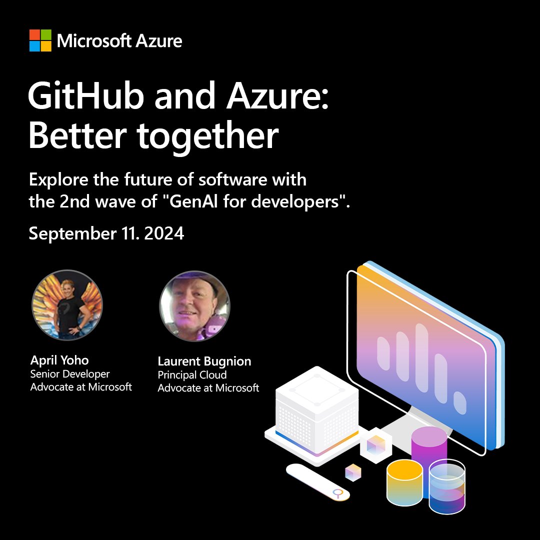 Dies ist der Beginn unserer neuen kostenlosen GenAI- Webinar-Serie für Developer und KI-Innovatoren🚀. Nehme am 11. September teil und erfahre mehr über die leistungsstarke Integration von GitHub und Microsoft Azure🤝 msft.it/6019mDsv7 
#GenAI #SoftwareDevelopers