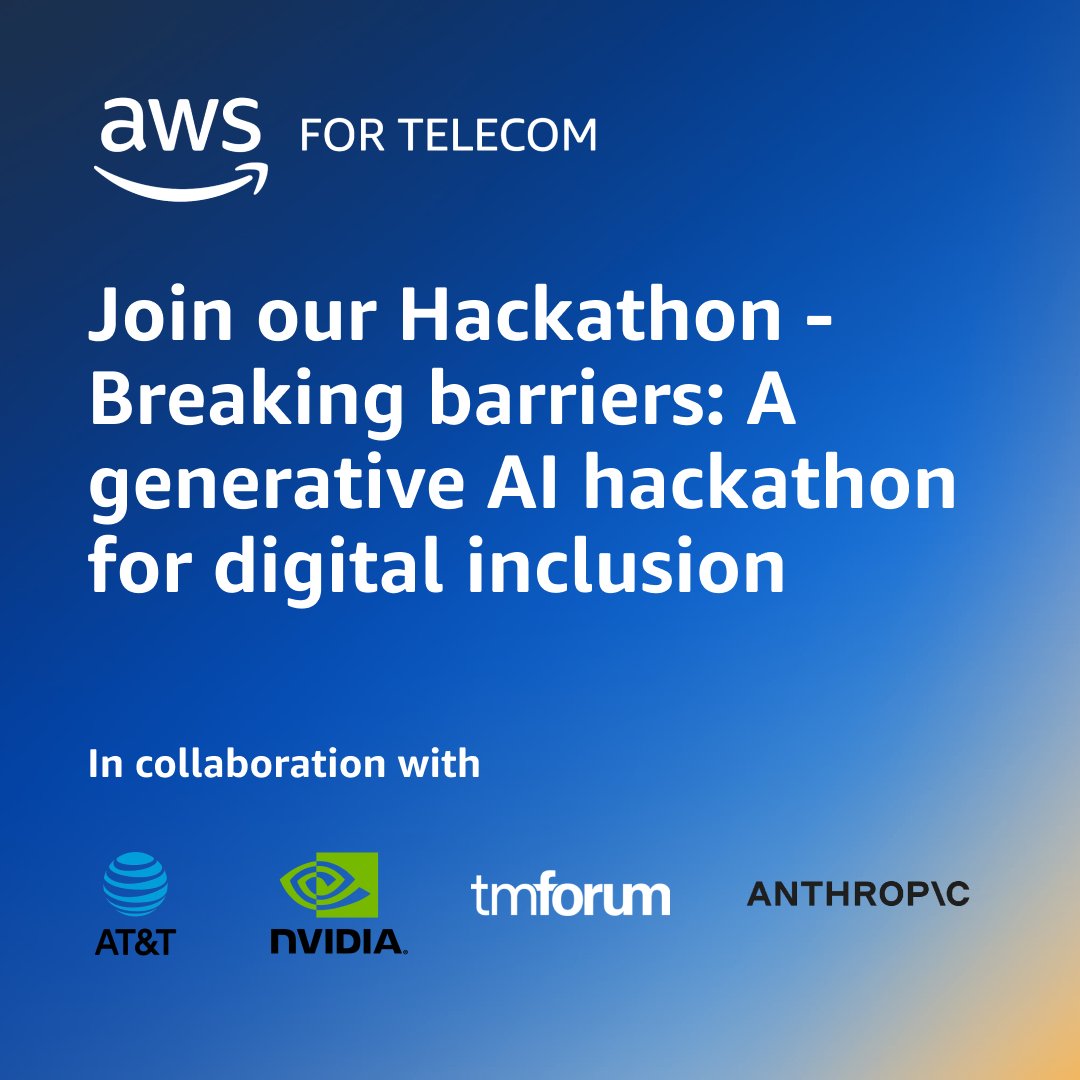 awsdevelopers's tweet image. 🚀 Join the #generativeAI Hackathon for Digital Inclusion 🔗 go.aws/3z3Lt0U 

Create a future where generative AI enables equitable access with #AWS, AT&amp;amp;T, NVIDIA, TM Forum &amp;amp; Anthropic. Innovate solutions for education, healthcare, entertainment &amp;amp; customer service.