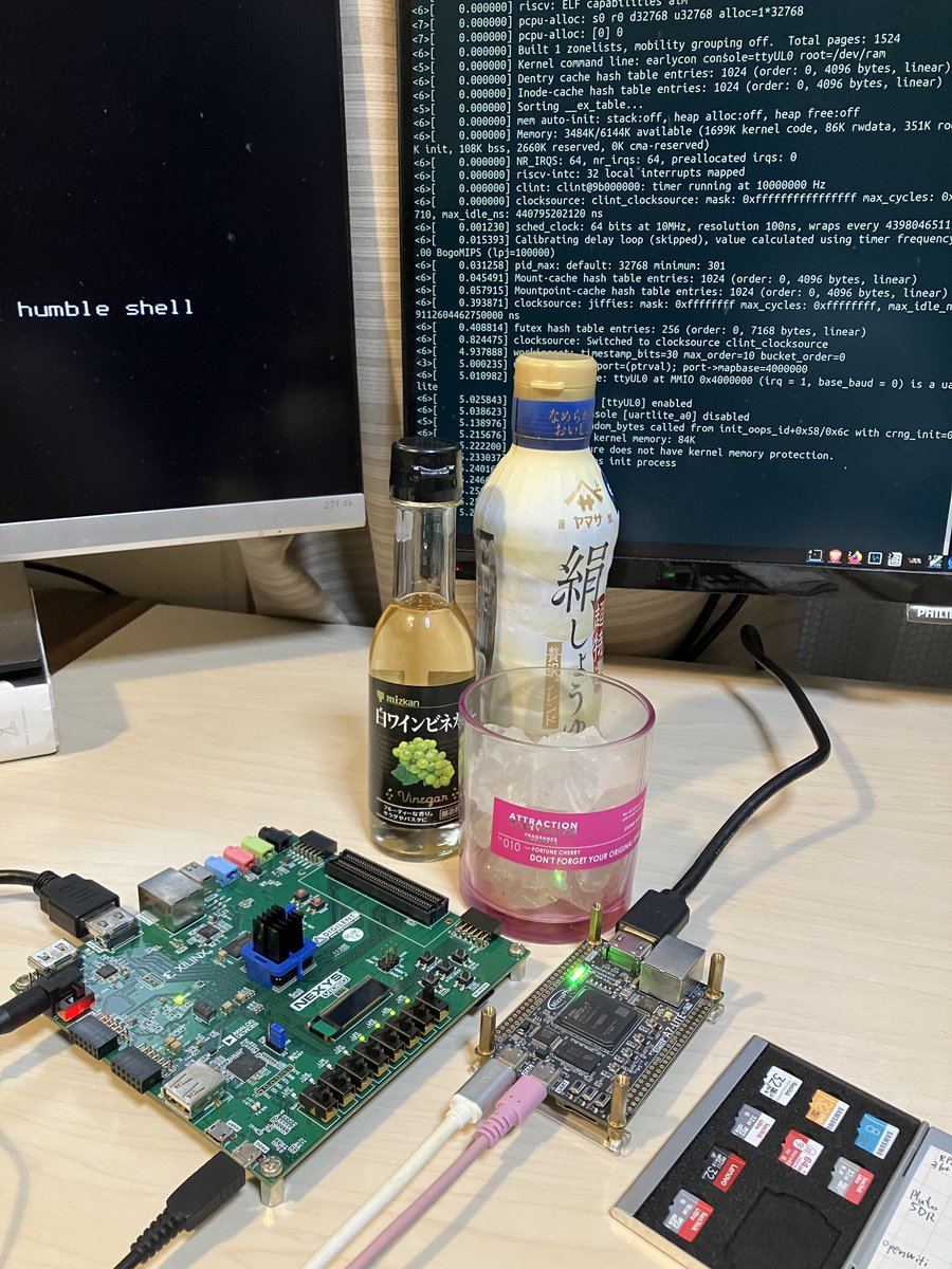 regymm0's tweet image. Either a Nexys Video @DigilentInc or an A7-Lite from @MicroPhase_CN, No-MMU Linux 32-bit RISC-V SoC just runs! The FPGA code is compiled with the free software OpenXC7 toolchain -- no Vivado needed.
Simulate right now with Dockerzied toolchains🐳🐳💯💯
github.com/regymm/quasiSo…