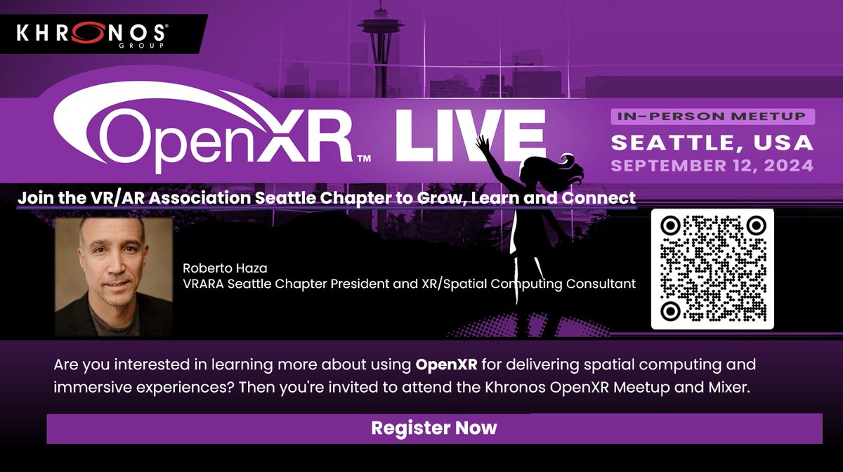 OpenXR's tweet image. Next week at OpenXR Live, hear VR/AR Association Seattle Chapter President, Roberto Haza introduce VRARA, the global organization where XR meets reality.

Full agenda and registration: khronos.org/events/openxr-…
#OpenXR #VRARA #XR #VR #AR