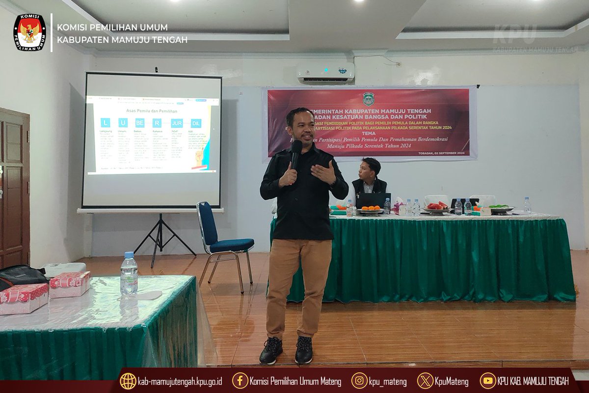 #TemanPemilih, Anggota KPU Kab. Mamuju Tengah Sirul Alamin M. Nur hadir sebagai pemateri pada kegiatan Sosialisasi Pendidikan Politik Bagi Pemilih Pemula oleh Badan Kesbangpol Mamuju Tengah. Topoyo, 4 September 2024

#KPUMelayani
#PilkadaSerentak2024
#PilkadaMamujuTengah2024