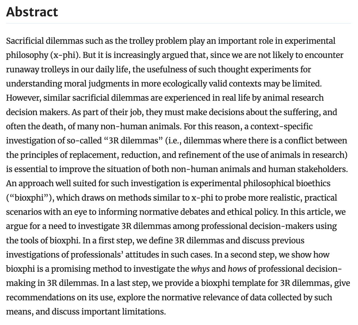RodriguezP_Chri's tweet image. How can #bioxphi shed light on sacrificial dilemmas in animal research? In our new paper, we present a novel approach and offer a practical template. Swiss-based study already underway! Thanks to @ibmbch, @bioxphi Lab, and my co-authors.
🔗 link.springer.com/article/10.100…