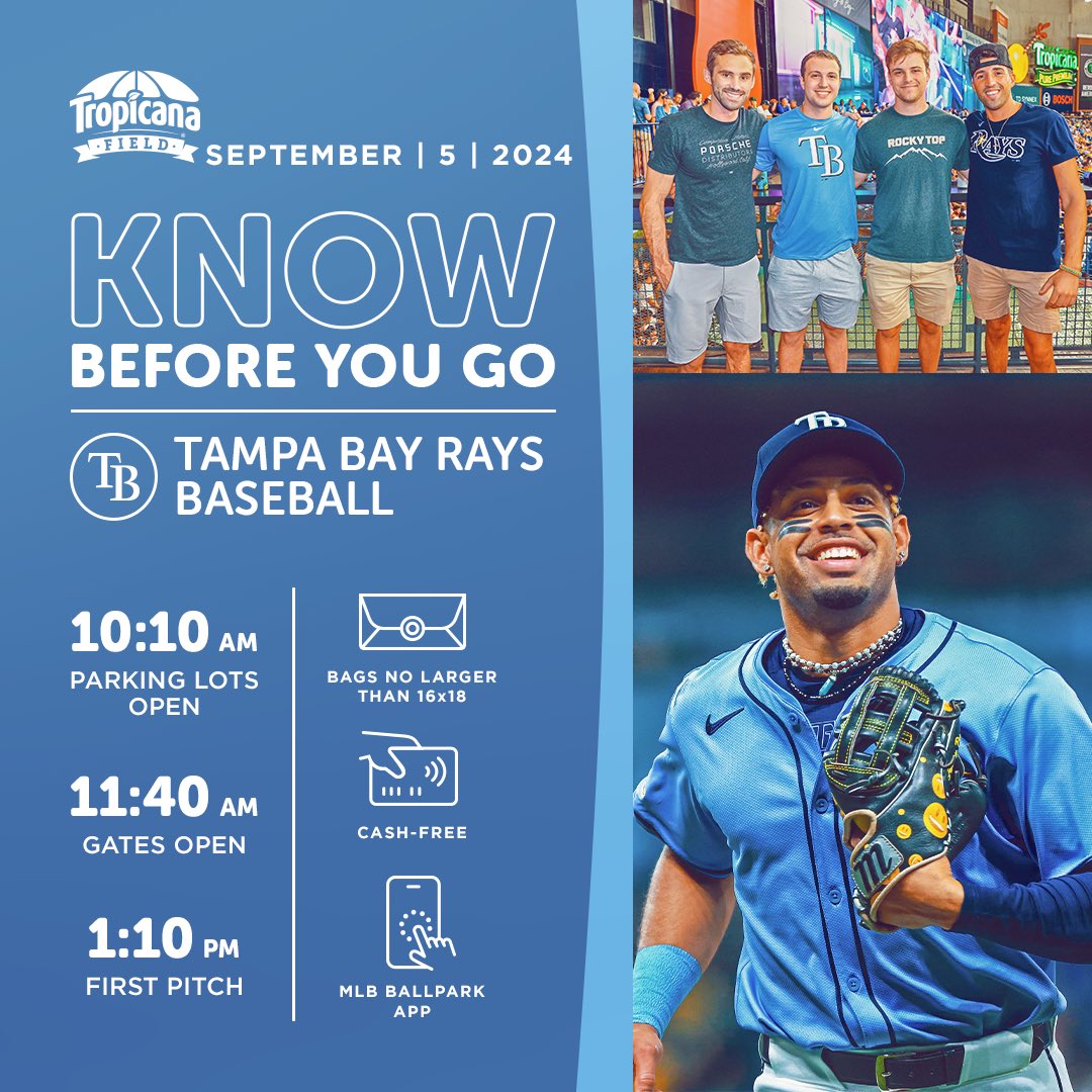Tropicana Field (@tropicanafield) on Twitter photo Last game of the series against the Twins! Before heading to today’s <a href="/RaysBaseball/">Tampa Bay Rays</a> game, here’s everything to know before you go! Last game of the series against the Twins! Before heading to today’s <a href="/RaysBaseball/">Tampa Bay Rays</a> game, here’s everything to know before you go!