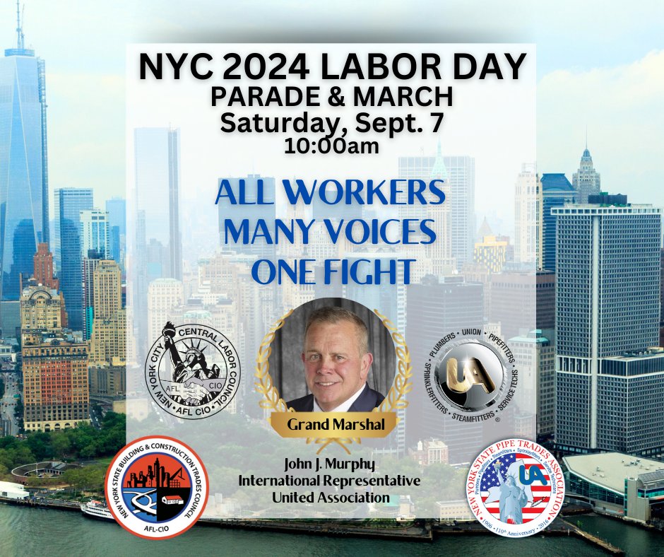 New York State Pipe Trades Association (@nyspipetrades) on Twitter photo "Im humbled to serve as the 142nd #GrandMarshal of the #NYC #LaborDayParade" - John J. Murphy. <a href="/UAPipetrades/">United Association</a> #AllWorkers #ManyVoices #OneFight Let's fight for a better standard of life for all who work for wages and seek #Decency, #Justice & #Dignity. <a href="/NYSAFLCIO/">NYS AFL-CIO // #UnionStrong</a> <a href="/NYCBldgTrades/">NYC Building Trades</a> "Im humbled to serve as the 142nd #GrandMarshal of the #NYC #LaborDayParade" - John J. Murphy. <a href="/UAPipetrades/">United Association</a> #AllWorkers #ManyVoices #OneFight Let's fight for a better standard of life for all who work for wages and seek #Decency, #Justice & #Dignity. <a href="/NYSAFLCIO/">NYS AFL-CIO // #UnionStrong</a> <a href="/NYCBldgTrades/">NYC Building Trades</a>