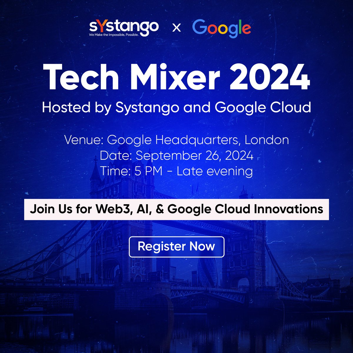 Systango's tweet photo. Hey London folks! Looking for something exciting this month? 
Join us for an exclusive evening dedicated to Web3, AI, and Google Cloud Innovations. 
For event details and agenda, visit our page and register: https://t.co/QfTAoBizA1 

#Web3 #AI #GoogleCloud #Systango #TechAlchemy https://t.co/cri99wWuUF