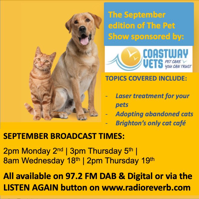 Tune in to ⁦@radioreverb⁩ this afternoon at 3 o’clock to hear the September edition of the Pet Show sponsored by ⁦<a href="/coastwayvets/">Coastway Vets</a>⁩. Topics include laser treatment for pets, adopting cats and Munchies’ Craft, Brighton’s only cat cafe. Tune in on 97.2 FM DAB and digital