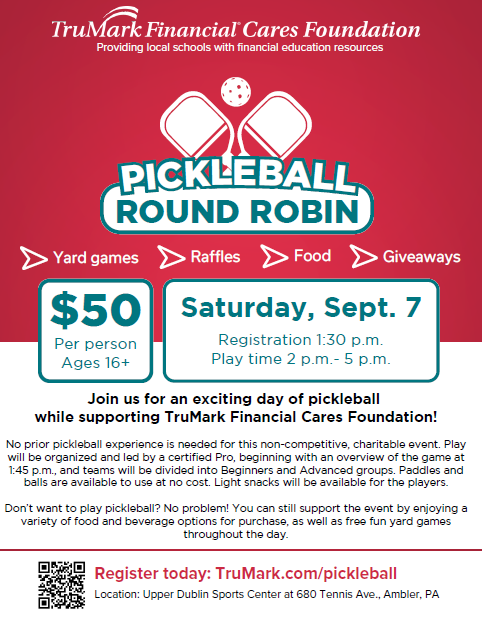 Play an exciting day of pickleball THIS SATURDAY, while supporting TruMark Financial Credit Union's Financial Cares Foundation! #pickleball #pickleballroundrobin #trumark #trumarkfinancial #chamberofcommerce