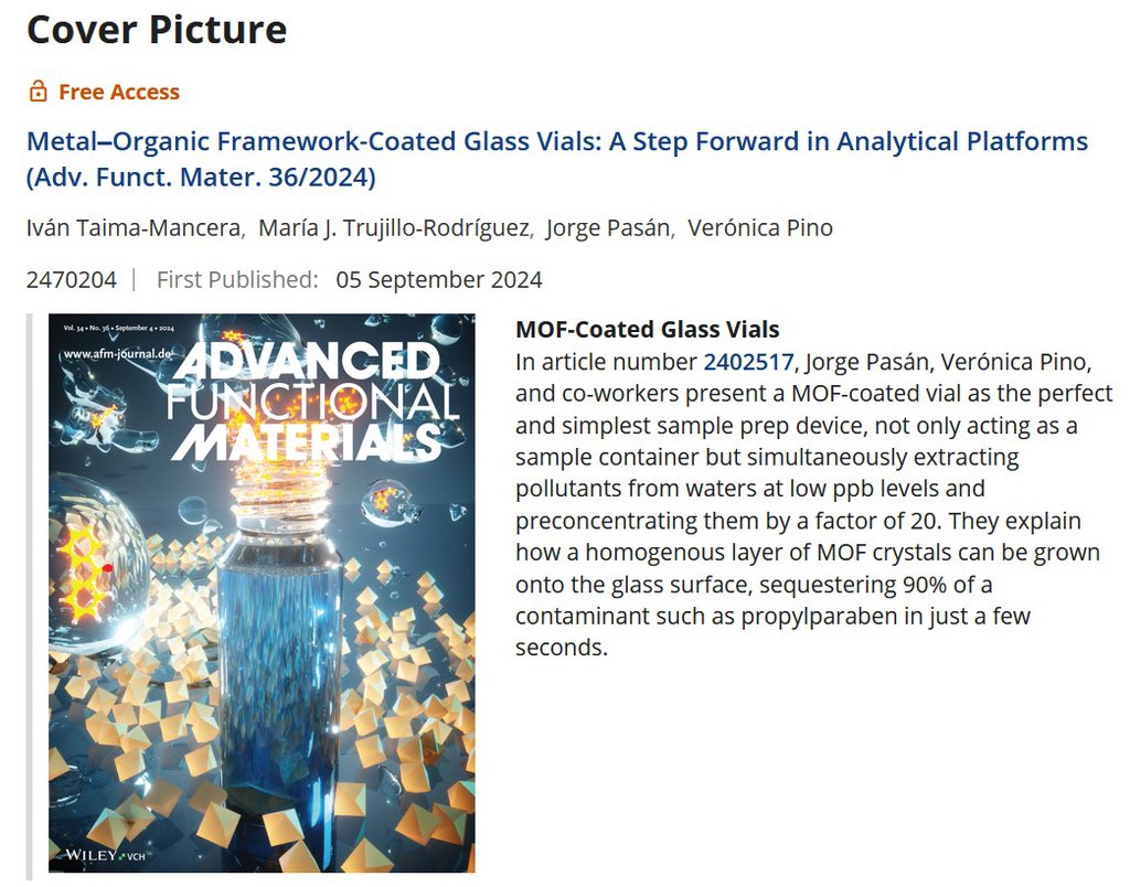 MAT4LL Research Group (@mat4ll) on Twitter photo We are super happy to share the FRONT COVER related to our article on MOF-coated vials that was published in Adv Funct Mat <a href="/Wiley_Chemistry/">Wiley Chemistry</a>
Link to the cover & article (OPEN ACCESS) : onlinelibrary.wiley.com/toc/16163028/2… We are super happy to share the FRONT COVER related to our article on MOF-coated vials that was published in Adv Funct Mat <a href="/Wiley_Chemistry/">Wiley Chemistry</a>
Link to the cover & article (OPEN ACCESS) : onlinelibrary.wiley.com/toc/16163028/2…
