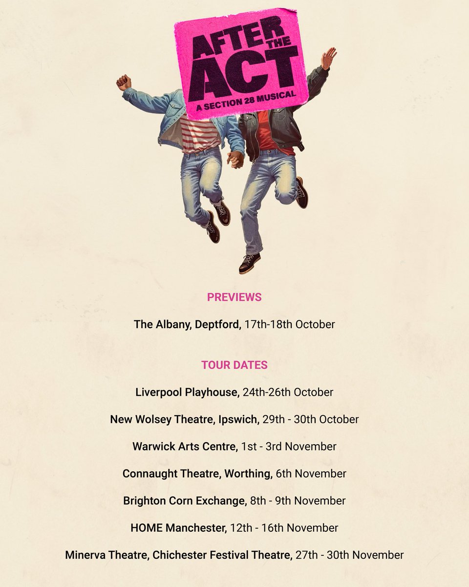 Breach (@breach_theatre) on Twitter photo We are so excited to announce our tour dates for #AftertheAct Our 1980’s-inspired musical about pride, protest…and abseiling lesbians.
Book tickets via our venue websites: <a href="/TheAlbanySE8/">Albany Deptford</a> <a href="/LivEveryPlay/">Liverpool Everyman & Playhouse theatres</a> <a href="/NewWolsey/">New Wolsey Theatre</a> <a href="/warwickarts/">Warwick Arts Centre</a> <a href="/wtmworthing/">Worthing Theatres and Museum</a> <a href="/brightdome/">Brighton Dome</a> <a href="/HOME_mcr/">HOME</a> @ChichesterFT 🥳🥳 We are so excited to announce our tour dates for #AftertheAct Our 1980’s-inspired musical about pride, protest…and abseiling lesbians.
Book tickets via our venue websites: <a href="/TheAlbanySE8/">Albany Deptford</a> <a href="/LivEveryPlay/">Liverpool Everyman & Playhouse theatres</a> <a href="/NewWolsey/">New Wolsey Theatre</a> <a href="/warwickarts/">Warwick Arts Centre</a> <a href="/wtmworthing/">Worthing Theatres and Museum</a> <a href="/brightdome/">Brighton Dome</a> <a href="/HOME_mcr/">HOME</a> @ChichesterFT 🥳🥳