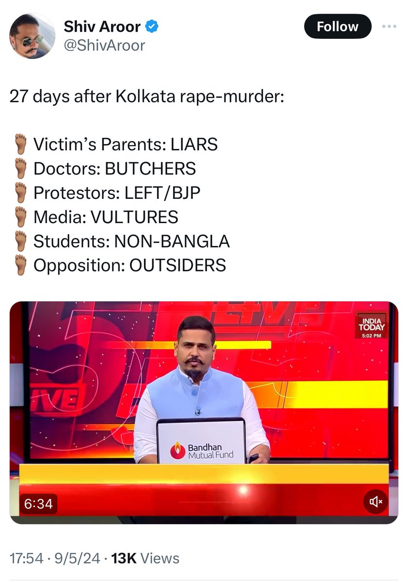 SaketGokhale's tweet image. After 10 years of kissing Modi’s feet:
🦶Bengalis: BANGLADESHIS
🦶 Sikhs: KHALISTANIS
🦶 Farmers: TERRORISTS
🦶 Muslims: INFILTRATORS
🦶 Students: ANTI-NATIONAL
🦶 Opposition: GEORGE SOROS
🦶 Protest: TOOLKIT
🦶Amit Malviya: BOSS
🦶 WhatsApp: SOURCES 
🦶 Modi: PAWPAW