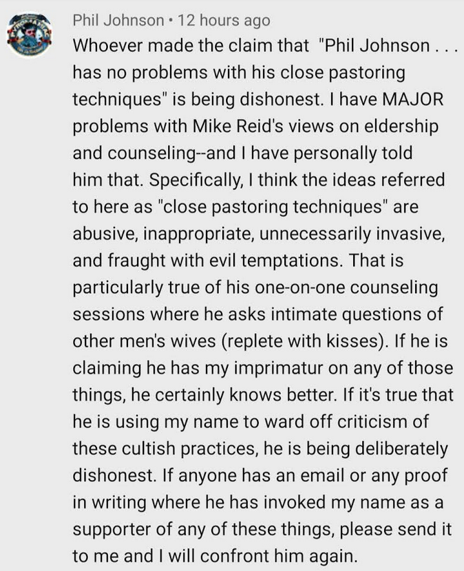 Chuck__ONeal's tweet image. Phil Johnson was #TonyMiano&apos;s elder at Grace Community Church. Phil brought correction directly to #MikeReid and tried to no avail to stop Tony from subjugating his family and ministry beneath Mike&apos;s corrupting influence. Here&apos;s Phil&apos;s condemnation of Mike Reid&apos;s &quot;abusive...and…