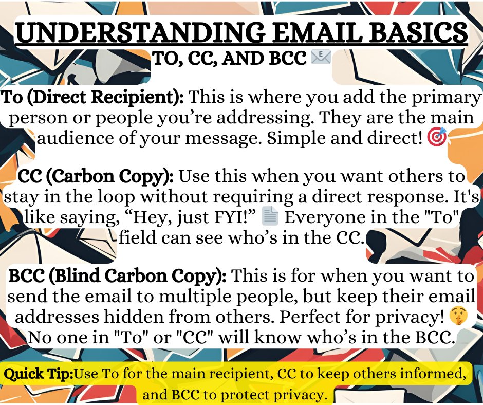 HasmeKamal's tweet image. #EmailBasics #EmailEtiquette #ToCcBcc #EmailTips #DigitalCommunication #ProductivityHacks  #WorkSmart  #EmailPrivacy #TechTips  #SimplifiedLearning