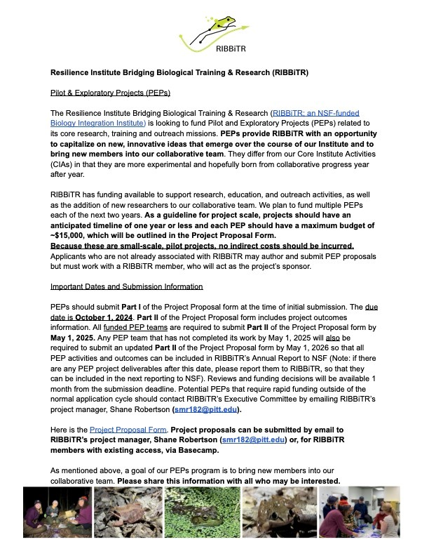Check it out! RIBBiTR is looking for exciting new projects to fund through our Pilot &amp; Exploratory Projects (PEPs) program. Submission deadline is Oct 1st. Explore the full details and clickable pdf at RIBBiTR.com/join