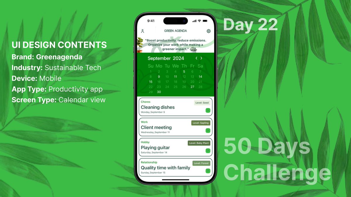 ashish1lexbaa's tweet image. Day 22 of the #50DaysUIChallenge 🌿 Designed a productivity app with sustainability in mind. Boost productivity, reduce emissions, and plan for a greener future! 💚📅 #UIDesign #Sustainability #Productivity #UXDesign #GreenTech