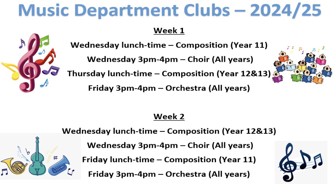 We are so excited to announce our extra-curricular clubs for this year 🎶 All clubs start from next week - looking forward to seeing some new and familiar faces!
