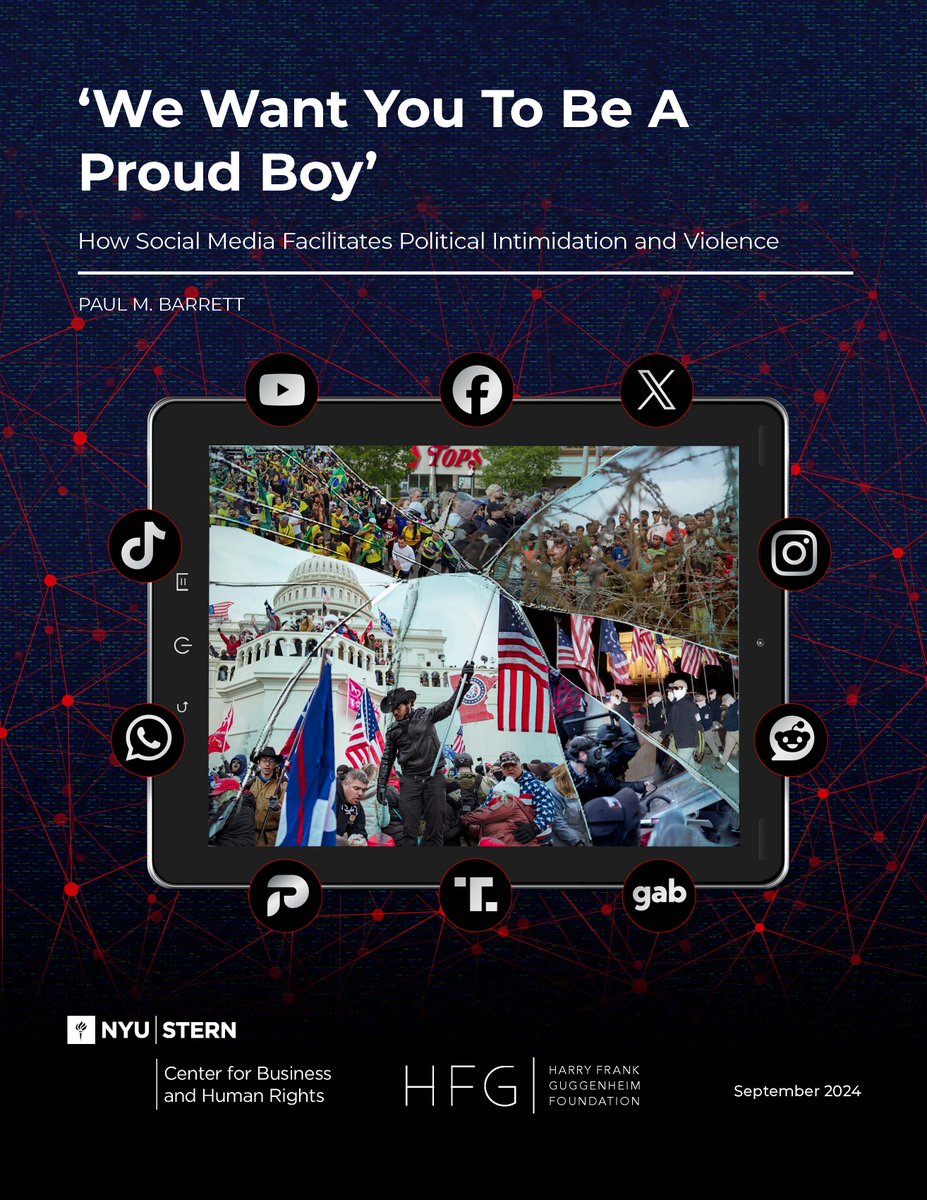 A new report by <a href="/AuthorPMBarrett/">Paul M. Barrett</a> shows how social media amplifies political intimidation &amp; violence. We review 400+ studies and offer recommendations for industry &amp; government to reduce harm. Thanks to <a href="/HFGuggenheim/">Harry Frank Guggenheim Foundation</a> &amp; <a href="/CliffordRossArt/">Clifford Ross</a> for the support. bhr.stern.nyu.edu/publication/ho…