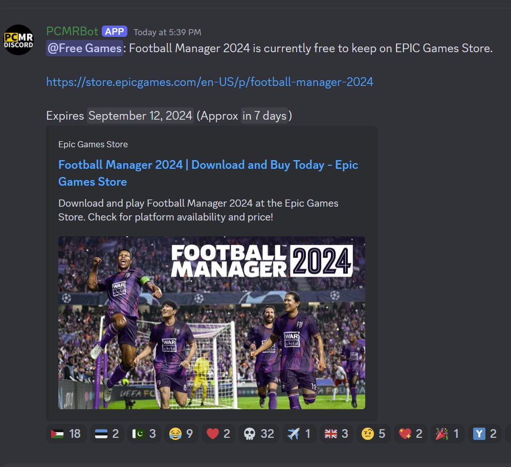 Football Manager 2024 is free on EPIC this week. ⚽️

BTW, did you know that on the PCMR discord we have a channel to notify you of good free games, so you can easily add them all to your huge library?💪

The perks of being in the PC Master Race!
👉discord.gg/pcmr