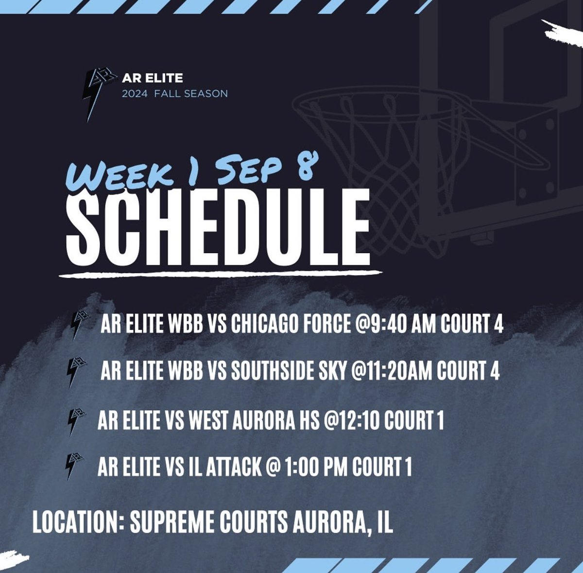 AR ELITE ⚡️
MBB/WBB Week 1 Fall Ball
Schedule ⬇️