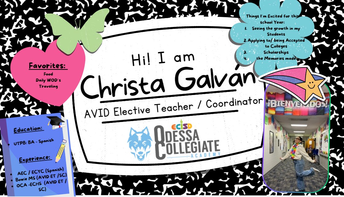 AVID in ACTION (@odtx_avid) on Twitter photo Meet Ms. Galvan, veteran AVID teacher and Coordinator at <a href="/OCAwolves/">Odessa Collegiate Academy</a> <a href="/EctorCountyISD/">Ector County ISD</a> Fun fact: She also served as an AVID tutor in her early educational journey in ECISD. Glad to have you back!๐ <a href="/AVID4College/">AVID</a> <a href="/Abila_inAVID/">Y. Abila</a> #AVID4ECISD #AVIDImpact #TeamECISD #AVID4Possibility Meet Ms. Galvan, veteran AVID teacher and Coordinator at <a href="/OCAwolves/">Odessa Collegiate Academy</a> <a href="/EctorCountyISD/">Ector County ISD</a> Fun fact: She also served as an AVID tutor in her early educational journey in ECISD. Glad to have you back!๐ <a href="/AVID4College/">AVID</a> <a href="/Abila_inAVID/">Y. Abila</a> #AVID4ECISD #AVIDImpact #TeamECISD #AVID4Possibility