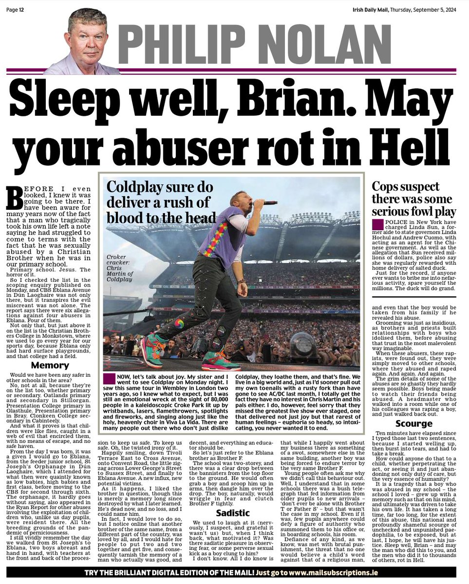 Philip Nolan (@philipnolan1) on Twitter photo A few thoughts on the report of the scoping inquiry into historical sexual abuse in schools run by religious orders, from Thursday's <a href="/irishdailymail/">The Irish Daily Mail</a>.
If you tap the image and expand with finger and thumb, it's legible. A few thoughts on the report of the scoping inquiry into historical sexual abuse in schools run by religious orders, from Thursday's <a href="/irishdailymail/">The Irish Daily Mail</a>.
If you tap the image and expand with finger and thumb, it's legible.