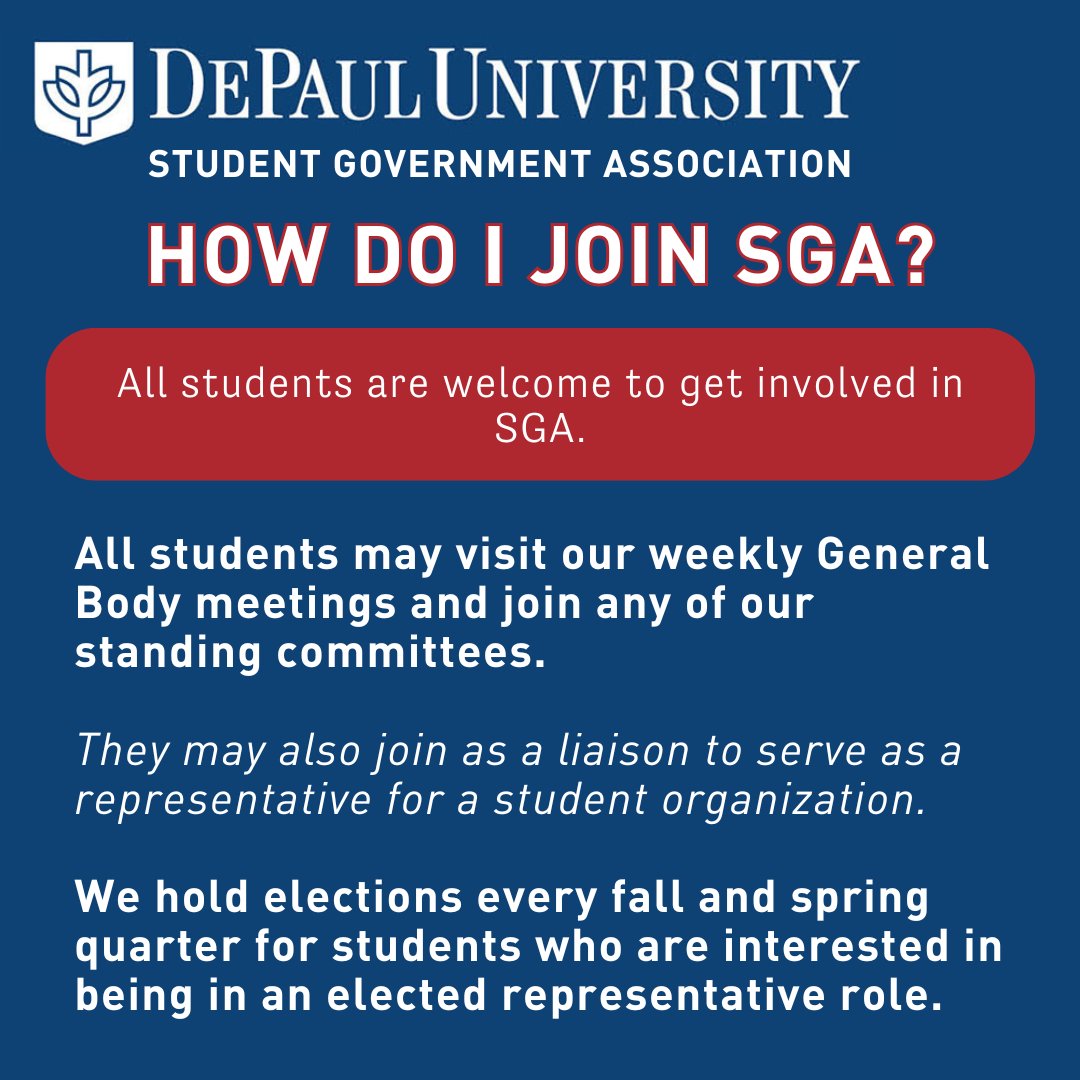 Welcome back, Blue Demons! 💙 We are excited to kick off a great year with you.

Join us tomorrow, Sept. 6, on the Quad from 1 p.m. to 4 p.m. to learn more about SGA in person!

To learn more about SGA throughout the year, stay tuned to our socials, newsletter and more.