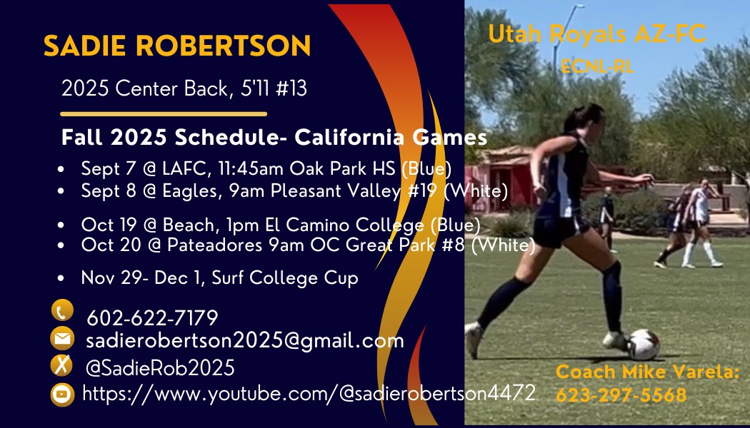 Excited to get the season started! <a href="/RoyalsFCAZ/">Royals Arizona</a> ECNL-RL 07 games this weekend in SoCal, v LAFC Saturday (Oak Park HS) and Eagles Sunday (Pleasant Valley)⚽️
<a href="/ECNLgirls/">ECNL Girls</a> <a href="/ImYouthSoccer/">ECNL/GA/Recruiting/College Soccer</a> <a href="/ImCollegeSoccer/">College Soccer Truth ™</a> <a href="/PrepSoccer/">Prep Soccer ⚽️</a> <a href="/TopDrawerSoccer/">TopDrawerSoccer</a> <a href="/SSN_NCAASoccer/">Sidelines - College Soccer</a> <a href="/NCAASoccer/">NCAA Soccer</a>