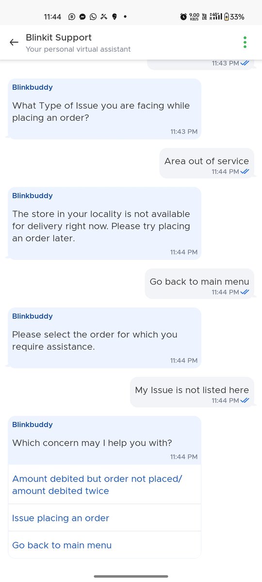 tweetfromadi's tweet photo. @deepigoyal how a user  will report if the app has a issue or if he is facing some other issue not mentioned in your bot chat ? @letsblinkit @zomato https://t.co/LvbVdpa3zp