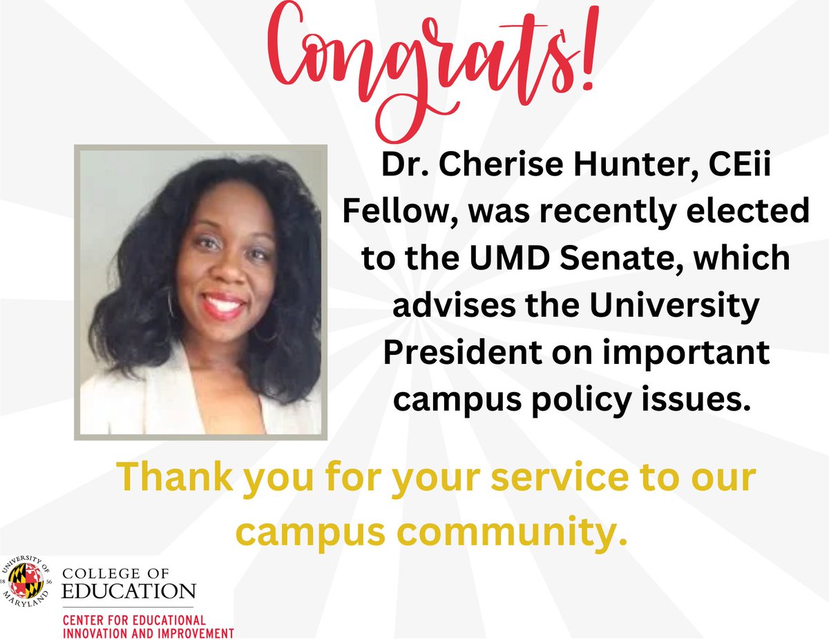 We are excited to share Dr. Hunter has been elected to the <a href="/UMDSenate/">UMD Senate</a> . Congrats Cherise! Fun Fact: she is a triple terp! 🐢🐢🐢 #EdTerps #EdTerpx3 <a href="/UMDCollegeofEd/">UMD College of Education</a>