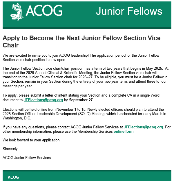 Junior Fellow members - Are you interested in a #leadership role and getting more involved with ACOG initiatives? Apply to be your Section's next Vice Chair by Sept. 27.