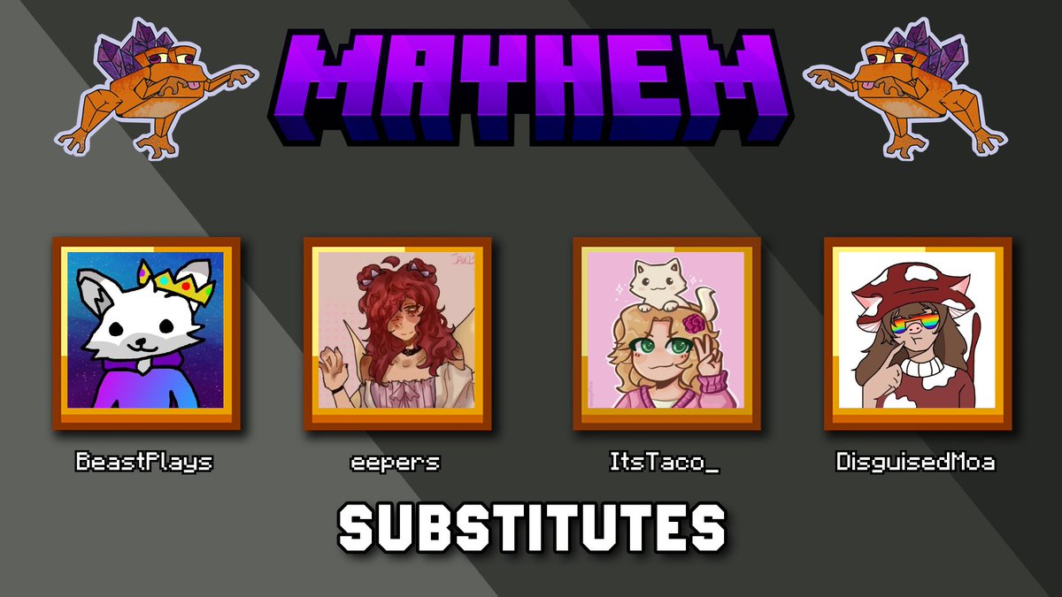 📢 Announcing: Sub Team A

Consisting of:
<a href="/BeastPlaysMCC/">BeastPlays</a>, <a href="/eepers__/">eep🎗️🍉 | comms open</a>, <a href="/Itstaco____/">taco</a> &amp; <a href="/DisguisedMoa/">Moa</a>!

This team will be on standby incase any of our squad teams need to sub out!