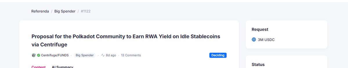 alice_und_bob's tweet image. 5.6m USDC in the Polkadot Treasury, but &amp;gt;7.2m USDC currently being requested and in favor.

Demand in Treasury stables is up and exceeds the available USDC.

Treasury funds are limited and need to be thoughtfully spent. For now, new proposers are advised to request DOT or USDT.
