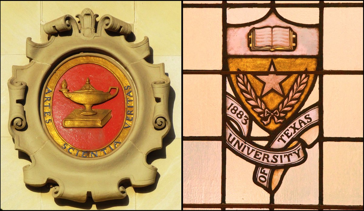 JimNicar's tweet image. A @UTAustin-@UMich connection. The University of Michigan seal is displayed on the east side of UT's Main Building, while the UT seal in stained glass can be found in the Michigan law library.