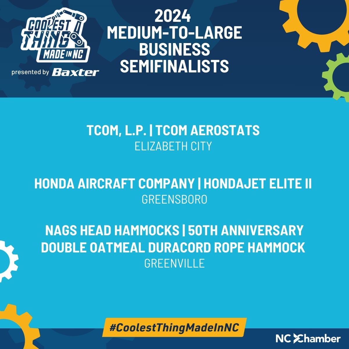 NCChamber's tweet image. Meet your #CoolestThingMadeInNC semifinalists! Out of an incredible pool of nominees, 31 semifinalists have been selected — 15 from the small business category and 16 from the medium-to-large business category. These contenders are one step closer to winning the coveted title,…