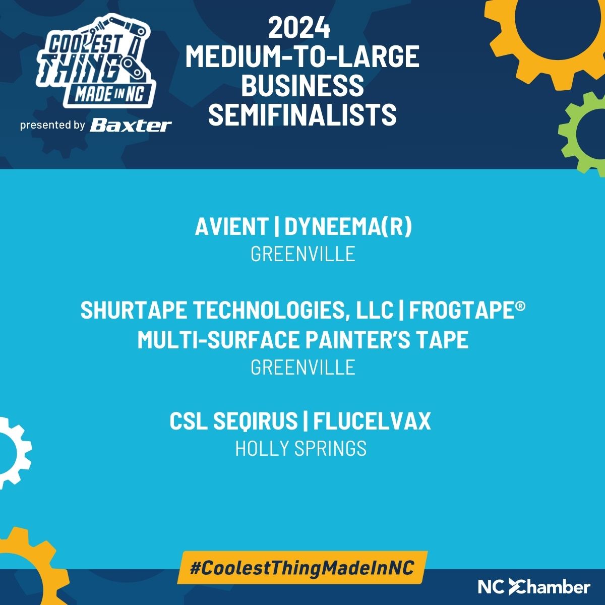 NCChamber's tweet image. Meet your #CoolestThingMadeInNC semifinalists! Out of an incredible pool of nominees, 31 semifinalists have been selected — 15 from the small business category and 16 from the medium-to-large business category. These contenders are one step closer to winning the coveted title,…