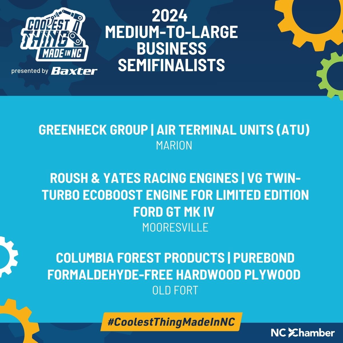 NCChamber's tweet image. Meet your #CoolestThingMadeInNC semifinalists! Out of an incredible pool of nominees, 31 semifinalists have been selected — 15 from the small business category and 16 from the medium-to-large business category. These contenders are one step closer to winning the coveted title,…