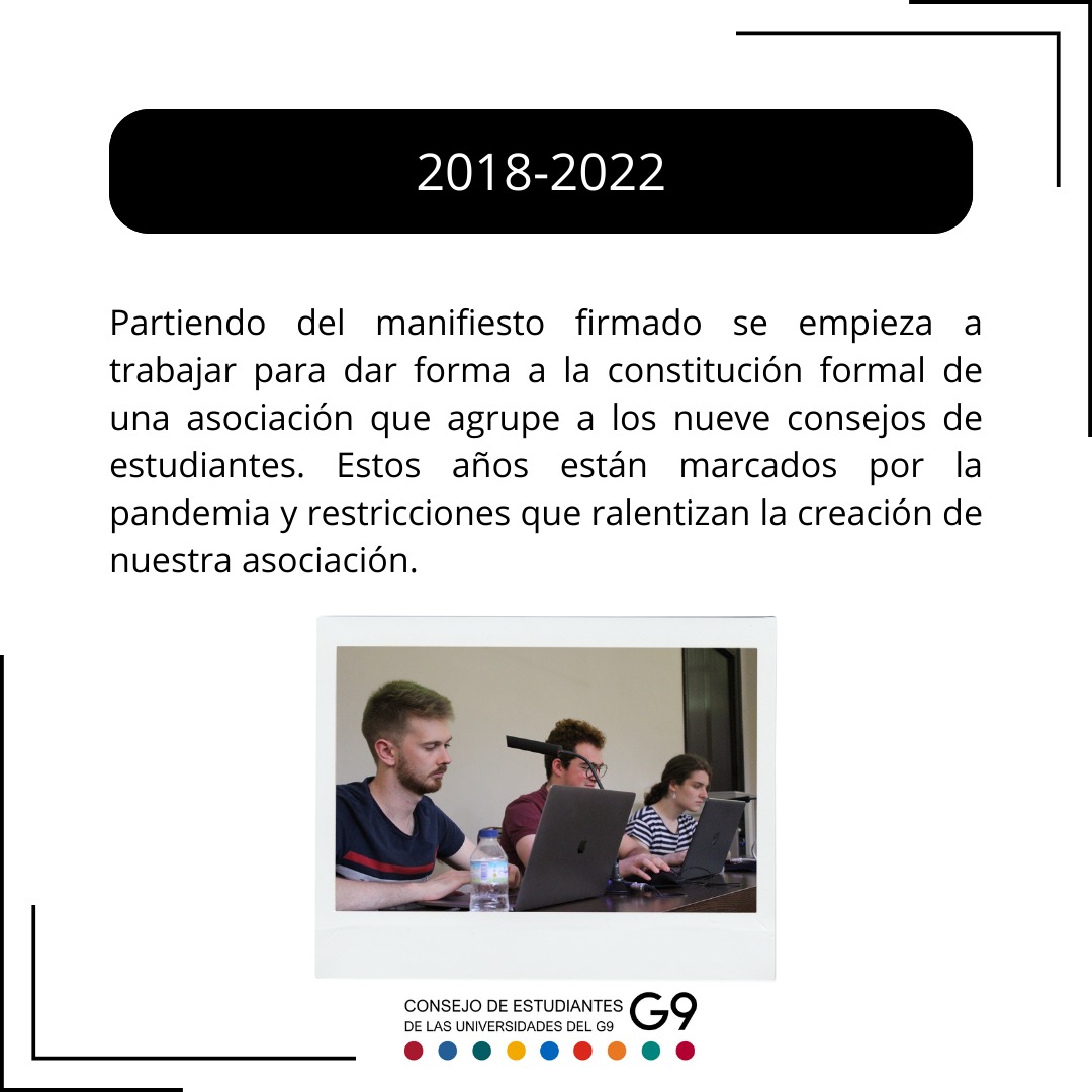 ConsejoG9's tweet photo. Formalizada como asociación el pasado mes de junio ha culminado un trabajo que empezó en el año 2017 fruto de la voluntad de colaboración entre los consejos de estudiantes de las universidades que conforman el grupo 9. https://t.co/7UvxEDNvLU